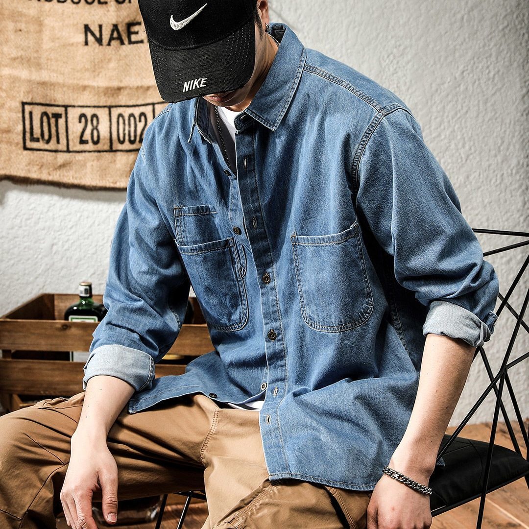 봄철 러피언 스타일 멋진 데님 툴링 긴팔 셔츠 남성용  - Retro Gaming Jacket 리뷰 및 가격